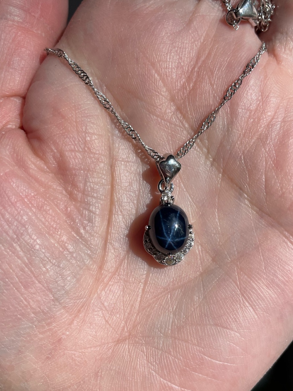 Rhodium plated Sterling Silver Real Star Sapphire Cabochon Pendant Necklace